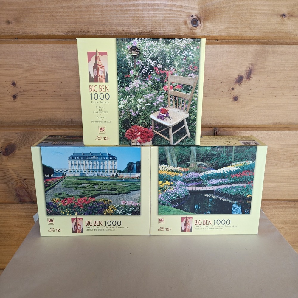 3 Hasbro Big Ben 1000 Piece Puzzles Missouri, Bruel Castle, Keukenhof Gardens C2